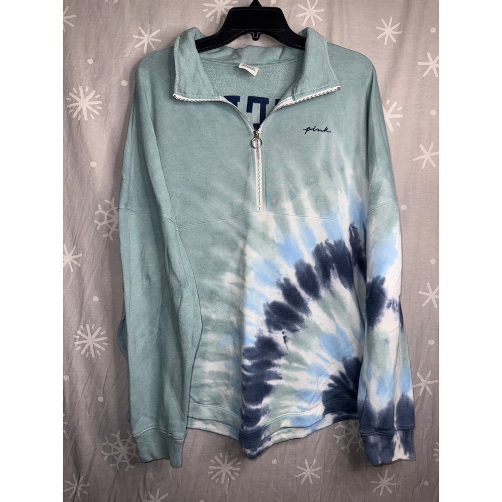 Victoria's Secret PINK Tie Dye Quarter Zip Sweatshirt Green Navy Love Pink Small